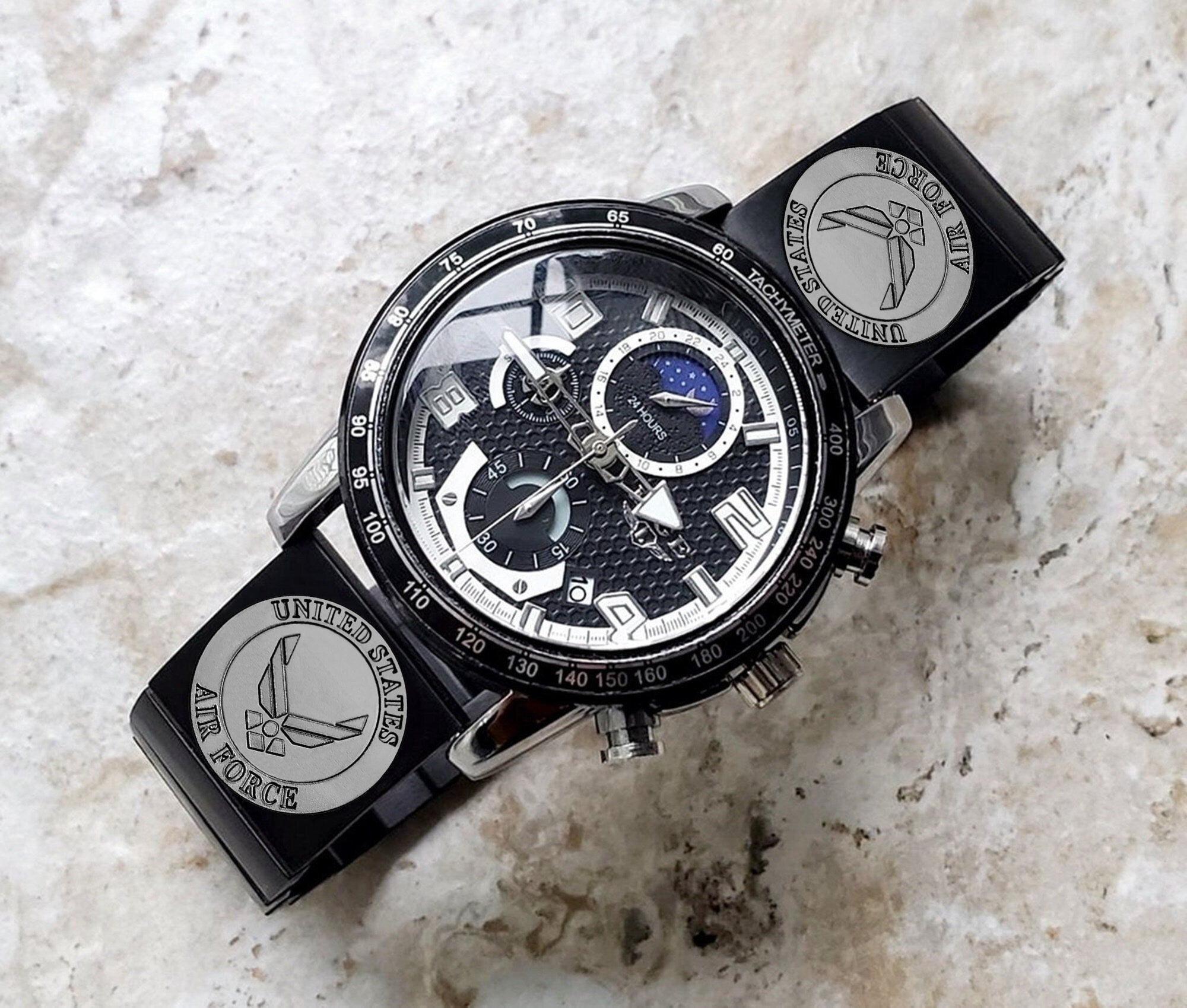 US Air Force Engraved Watch Band for 22mm Width Lugs Traditional Casual Luxury and Smartwatches Black Stainless Steel Strap Bracelet AF3